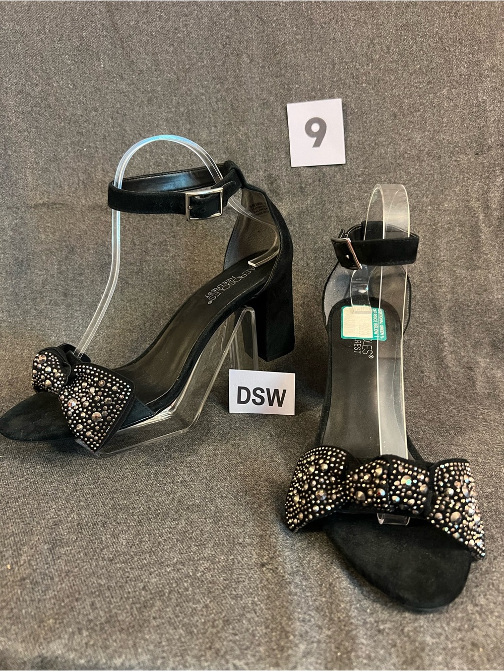 AEROSOLES Black Ankle-Strap Block Heels with Jeweled Bow